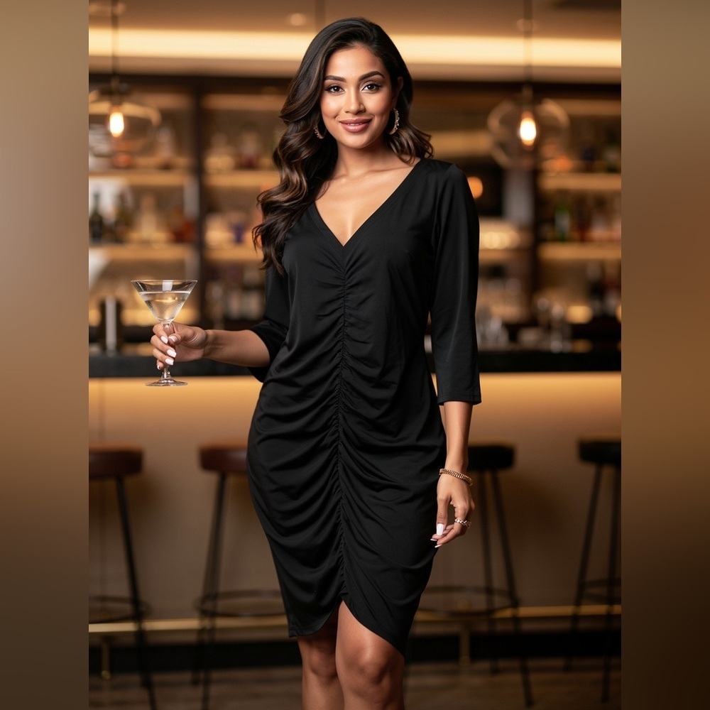 Torrid Women Black Jersey Long Sleeve Bodycon V neck Ruched Mini Dress